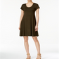 Style & Co Women's Short Sleeve a Line Dress Green Size Petite L