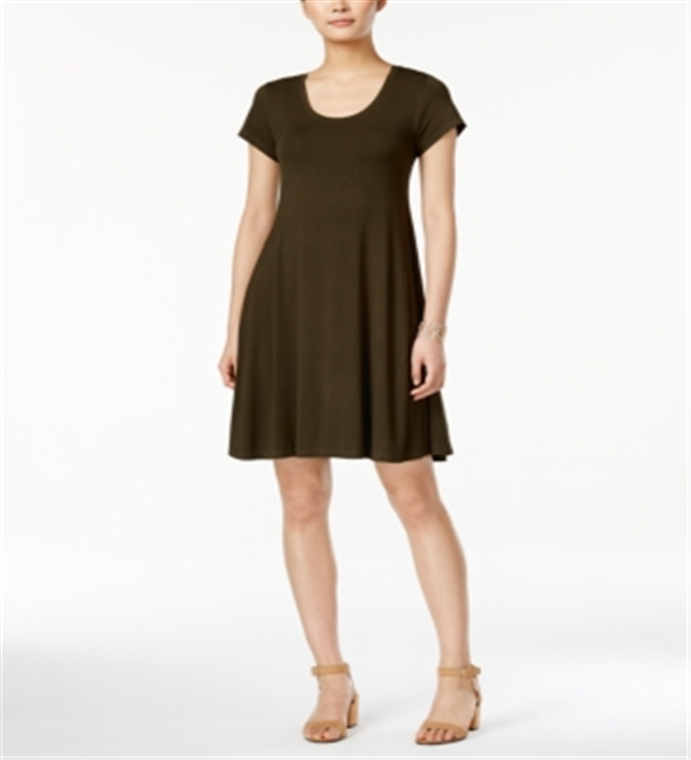 Style & Co Women's Short Sleeve a Line Dress Green Size Petite L