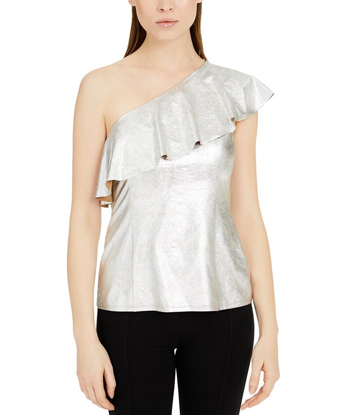INC International Concepts Women's Metallic Ruffled One Shoulder Top Blue Size XXL