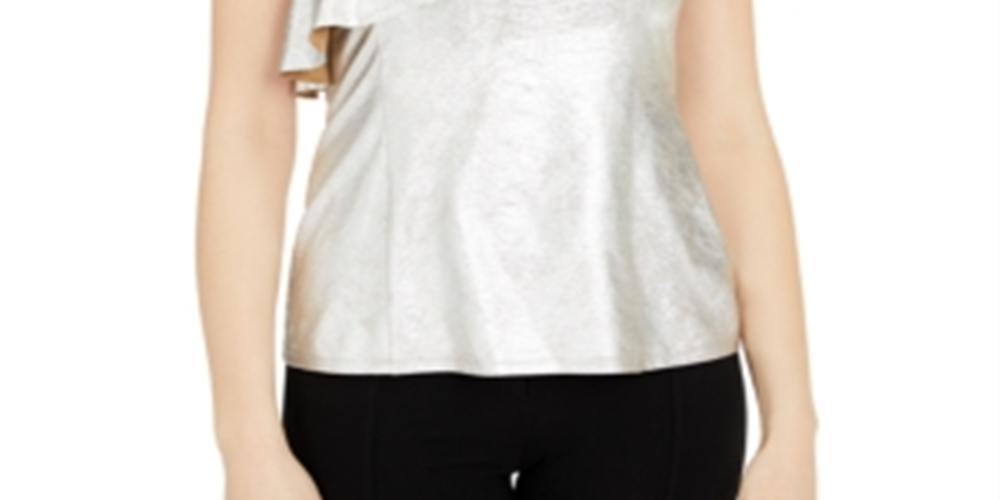 INC International Concepts Women's Metallic Ruffled One Shoulder Top Blue Size XXL