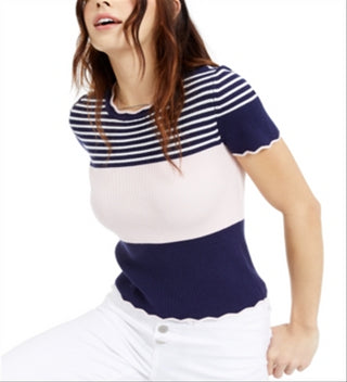 Maison Jules Women's Blouse Striped Print Scalloped Trim Blue Size XX-Small