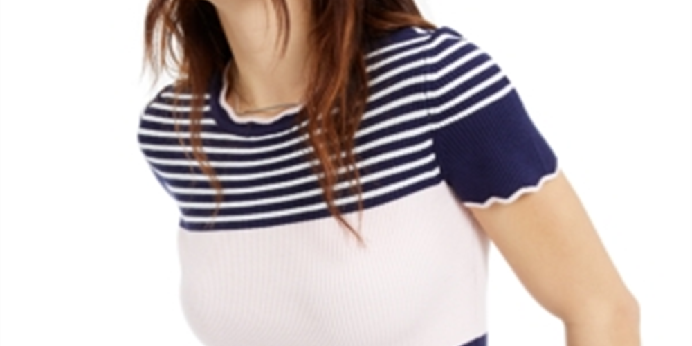 Maison Jules Women's Blouse Striped Print Scalloped Trim Blue Size XX-Small