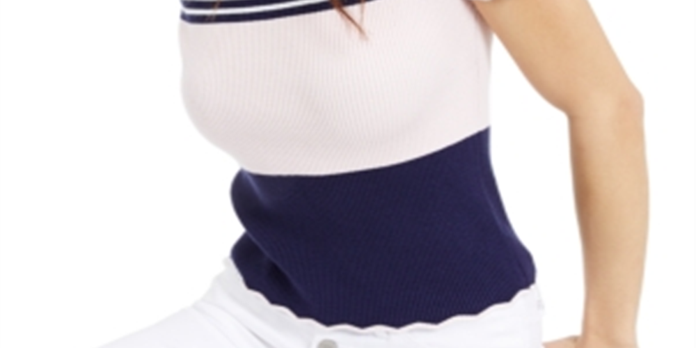 Maison Jules Women's Blouse Striped Print Scalloped Trim Blue Size XX-Small