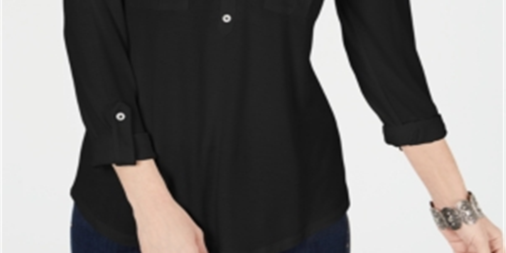 Style & Co Women's Roll Tab Popover Top Black Size PP