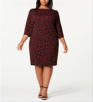Calvin Klein Women's Animal Print Puff Shoulder Dress Wine Size 14 W