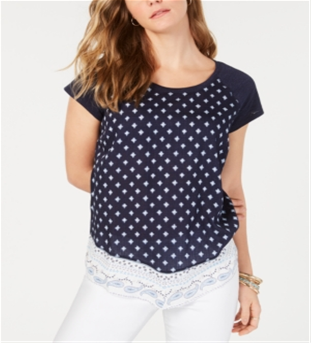 Style & Co Women's Printed Short Sleeve Crew Neck T-Shirt Blue Size X-Small