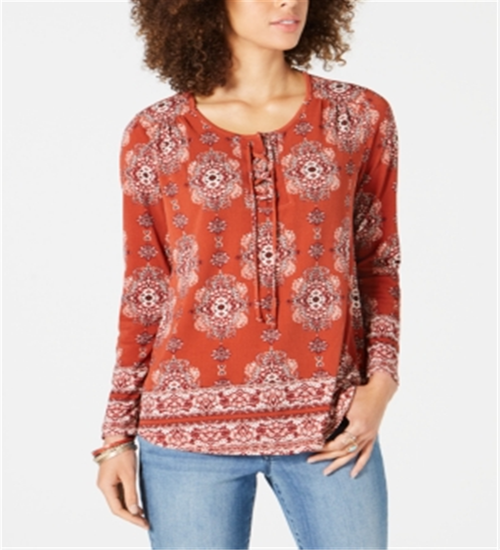 Style & Co Women's Medallion Lace up Top Brown Size Petite S