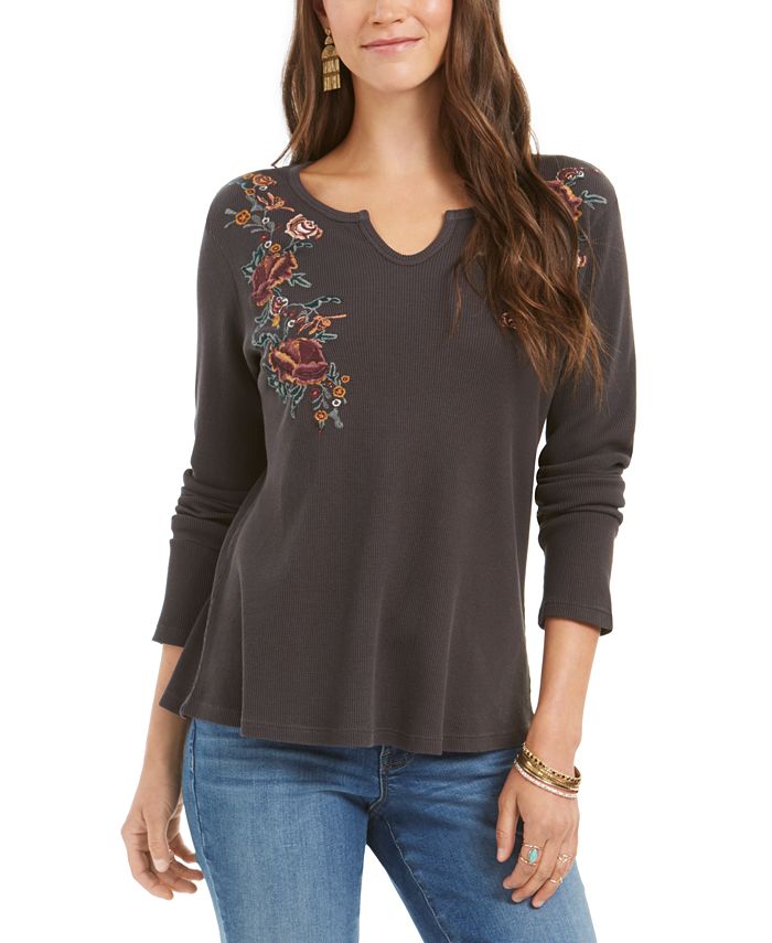 Style & Co Women's Embroide Cotton Thermal Top Gray Size Petite S