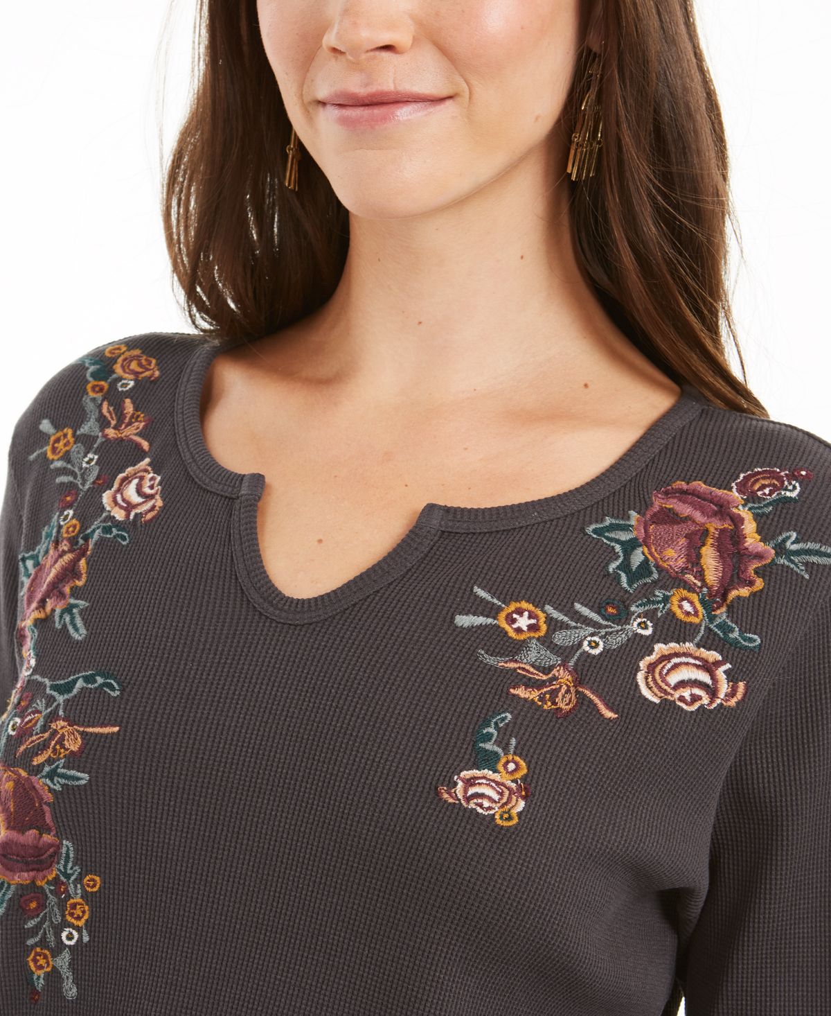 Style & Co Women's Embroide Cotton Thermal Top Gray Size Petite S