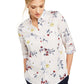 Charter Club Women's Floral Print Button Down Linen Shirt White Size XS