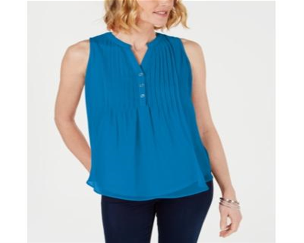 Charter Club Women's Sleeveless Pintuck Blouse Blue Size X-Large