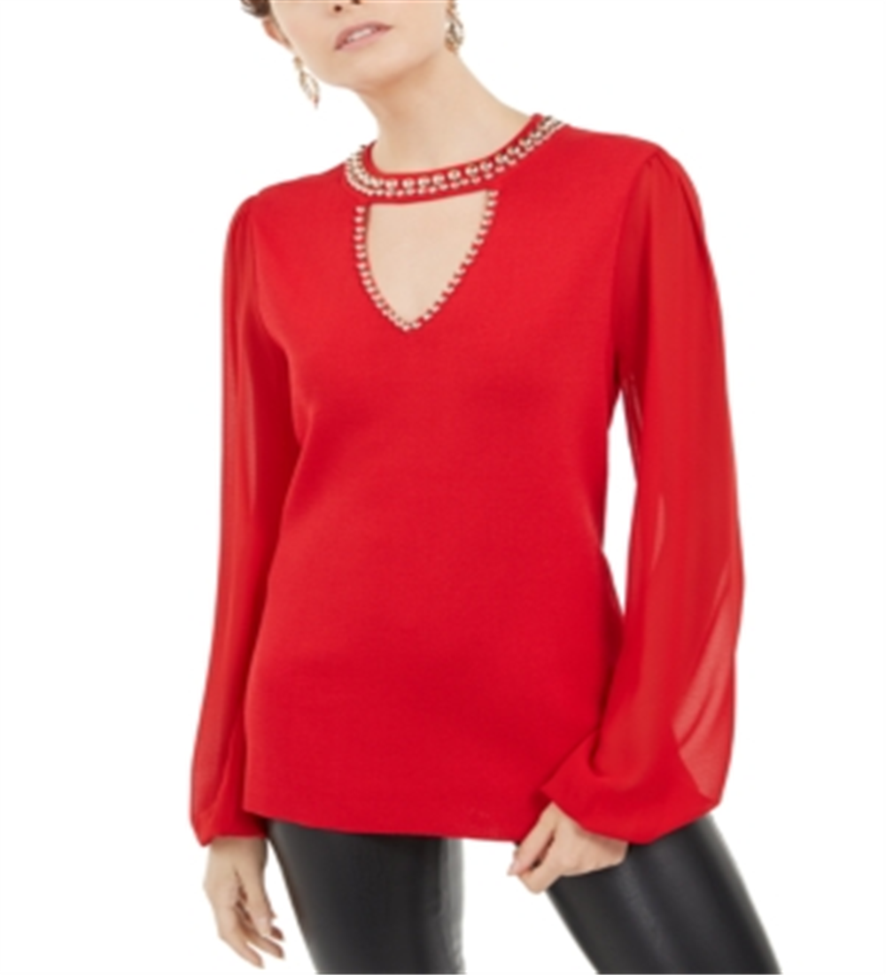 INC International Concepts Women's Studded Keyhole Sweater Red Size Large