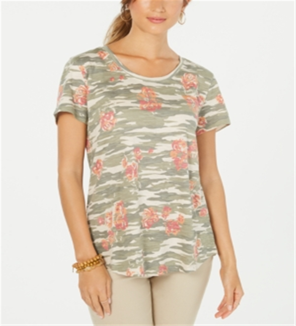 Style & Co Women's Cotton Printed Scoop Neck Top Green Size Small