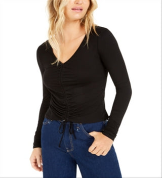 Bar III Women's Ruched Tie Front Crop Top Black Size Small