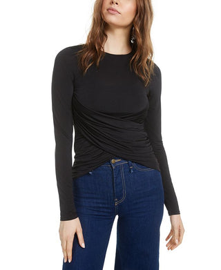 Bar III Women's Long Sleeve Jewel Neck Top Black Size Large