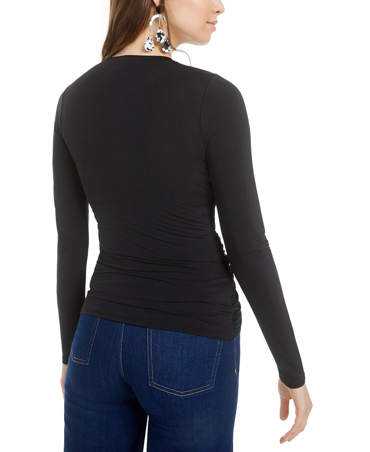Bar III Women's Long Sleeve Jewel Neck Top Black Size Large
