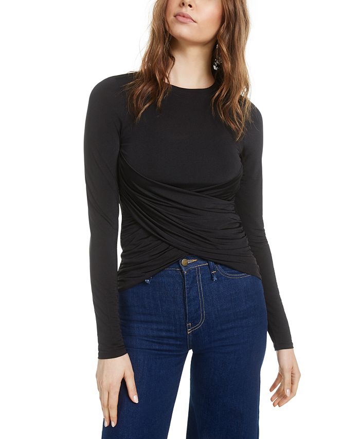 Bar III Women's Ruched Cross Over Blouse Black Size XXS