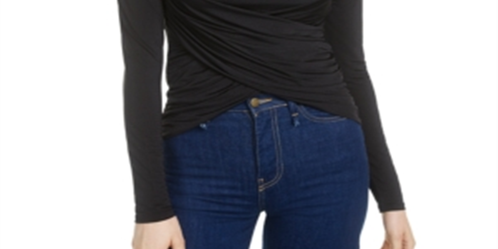 Bar III Women's Ruched Cross Over Blouse Black Size XXS