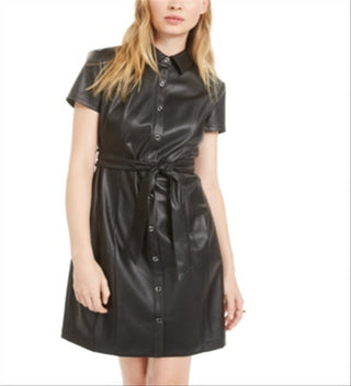 Bar III Women's Short Sleeve Faux Leather Shirtdress Black Size 12