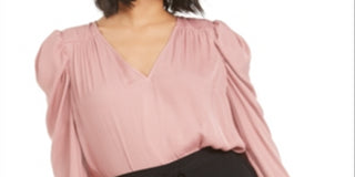 Bar III Women's Puff Sleeve V Neck Top Pink Size XXS