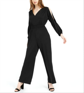 Bar III Women's Slit Sleeve V Back Jumpsuit Black Size Medium