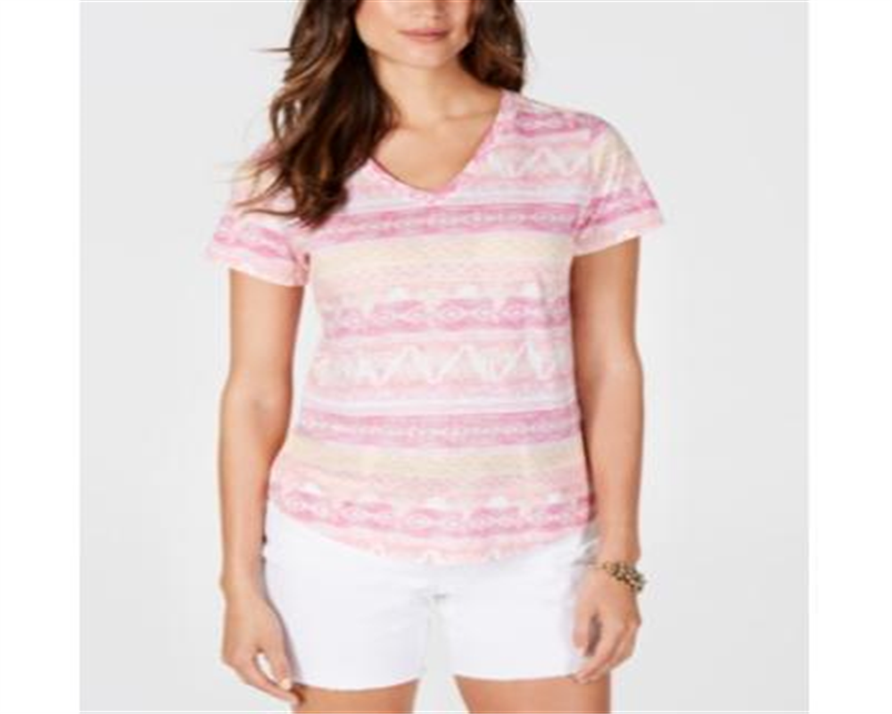 Style & Co Women's Cotton Printed T-Shir Pink Size Petite Medium