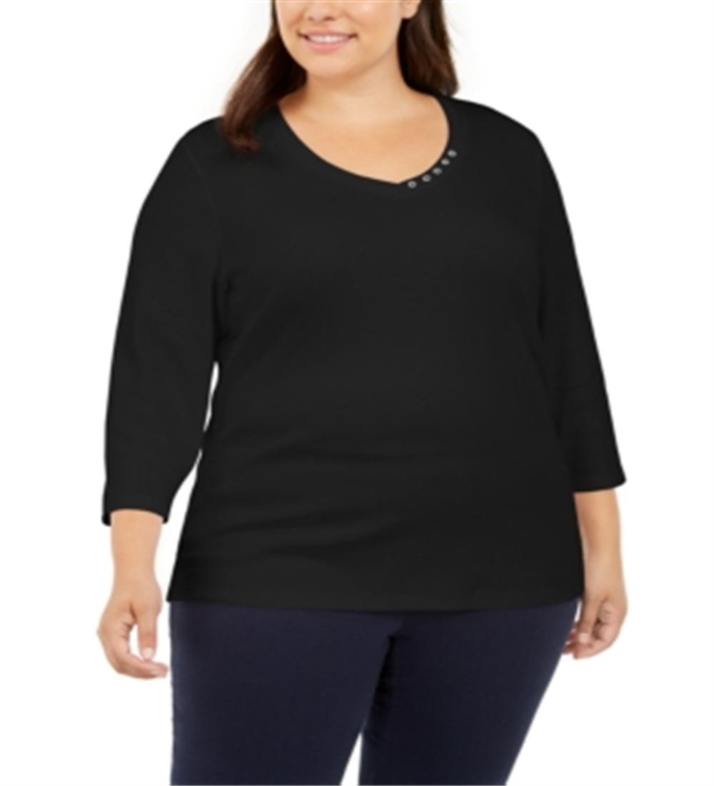 Karen Scott Women's Plus Cotton Button Trim 3/4 Sleeve Top Black Size 0X