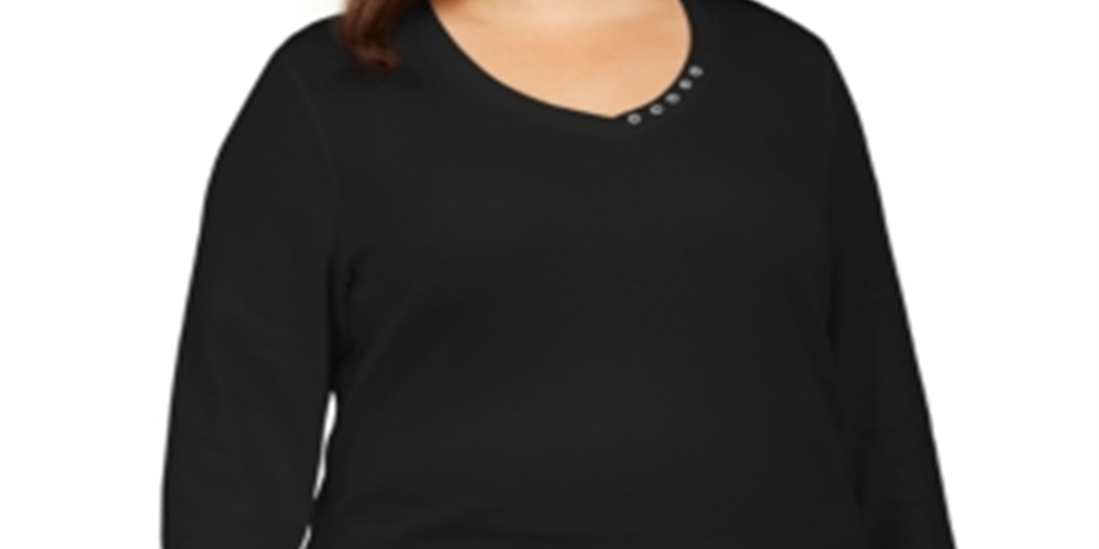 Karen Scott Women's Plus Cotton Button Trim 3/4 Sleeve Top Black Size 0X