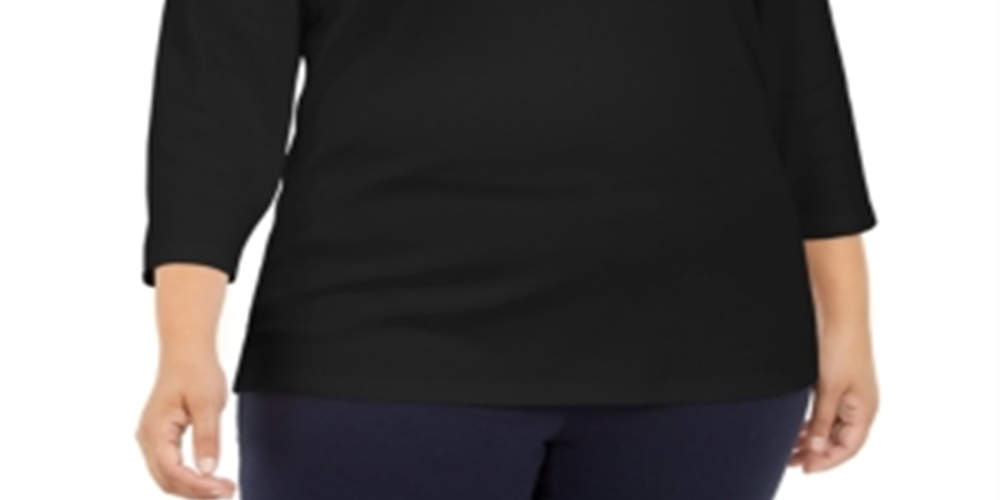 Karen Scott Women's Plus Cotton Button Trim 3/4 Sleeve Top Black Size 0X