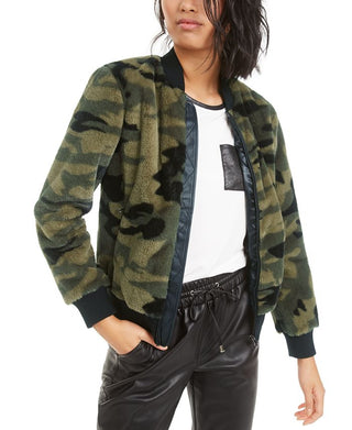 Bar III Women's Camouflage Bomber Jacket Green Size Medium