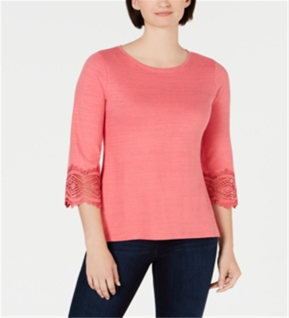Charter Club Women's Cotton Lace Trim Top Pink Size Petite L