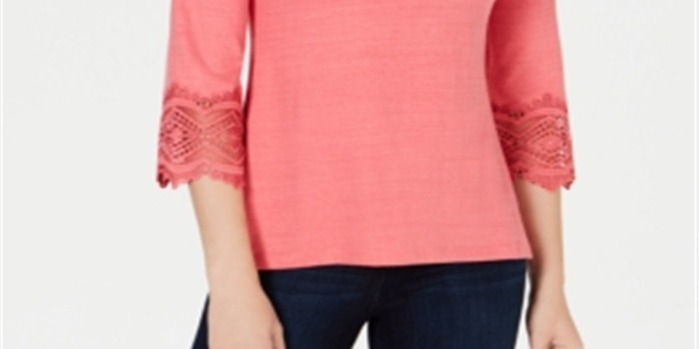 Charter Club Women's Cotton Lace Trim Top Pink Size Petite L
