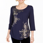 JM Collection Women's Printed Scoop Neck Top Blue Size Petite
