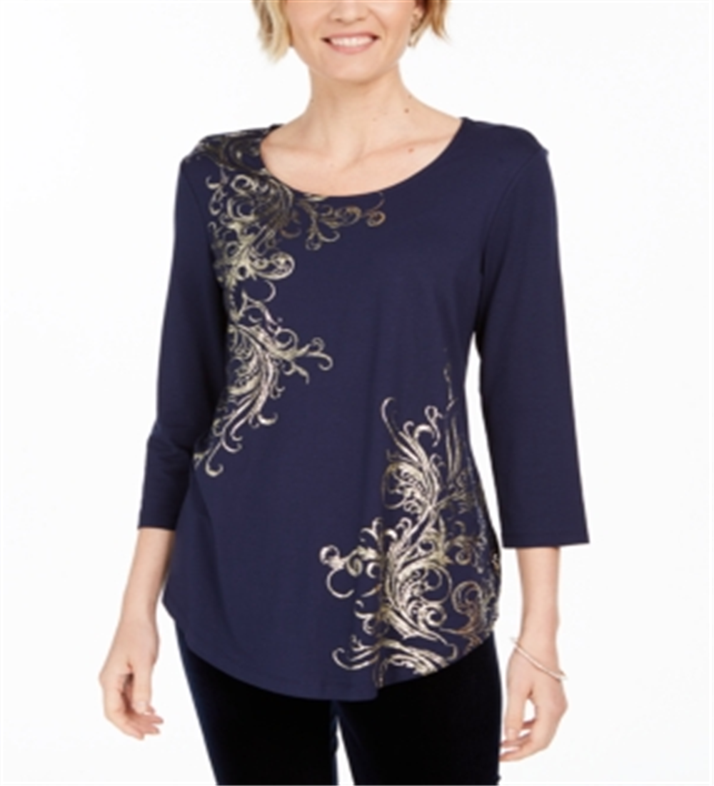 JM Collection Women's Printed Scoop Neck Top Blue Size Petite