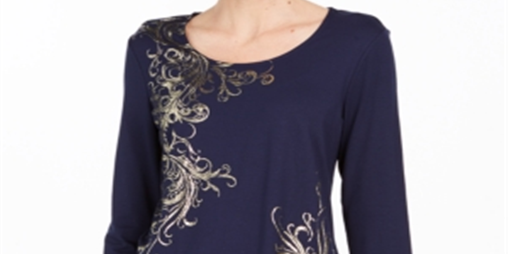 JM Collection Women's Printed Scoop Neck Top Blue Size Petite