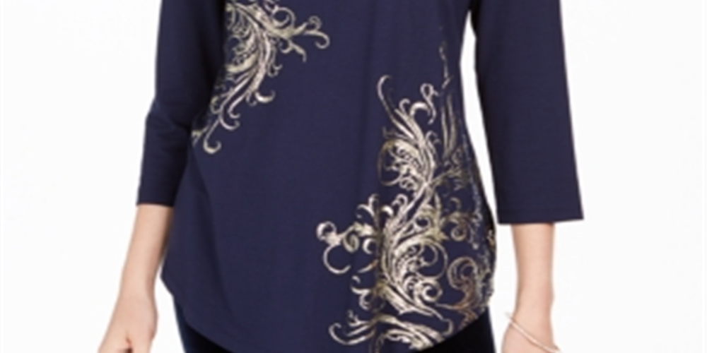 JM Collection Women's Printed Scoop Neck Top Blue Size Petite