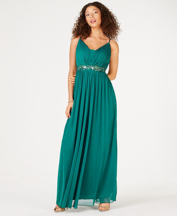Teeze Me Women's Embellished Spaghetti Strap V Neck Maxi Evening Sheath Dress Green Size 0