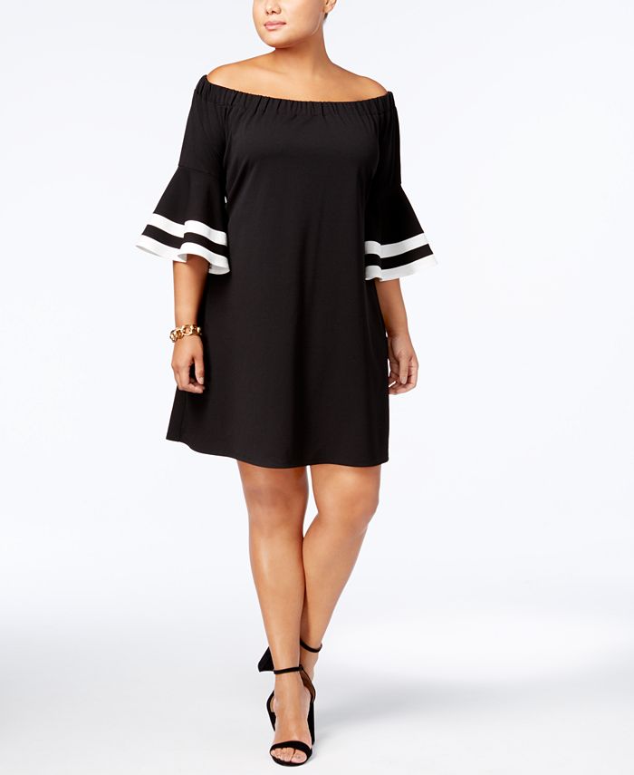 Love Squared Women's Plus on Off Bell Sleeve Shift Dress with Trim Black Size 2X