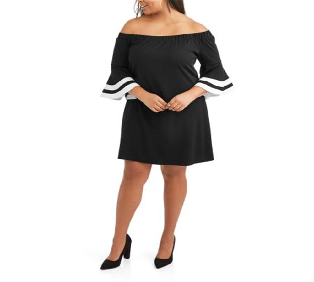 Love Squared Women's Plus on Off Bell Sleeve Shift Dress with Trim Black Size 2X