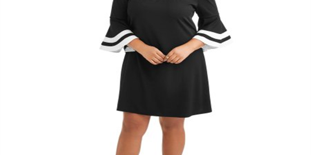 Love Squared Women's Plus on Off Bell Sleeve Shift Dress with Trim Black Size 2X