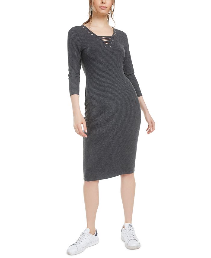 Bar III Women's Lace up Grommet Neck Ribbed Dress Gray Size Small