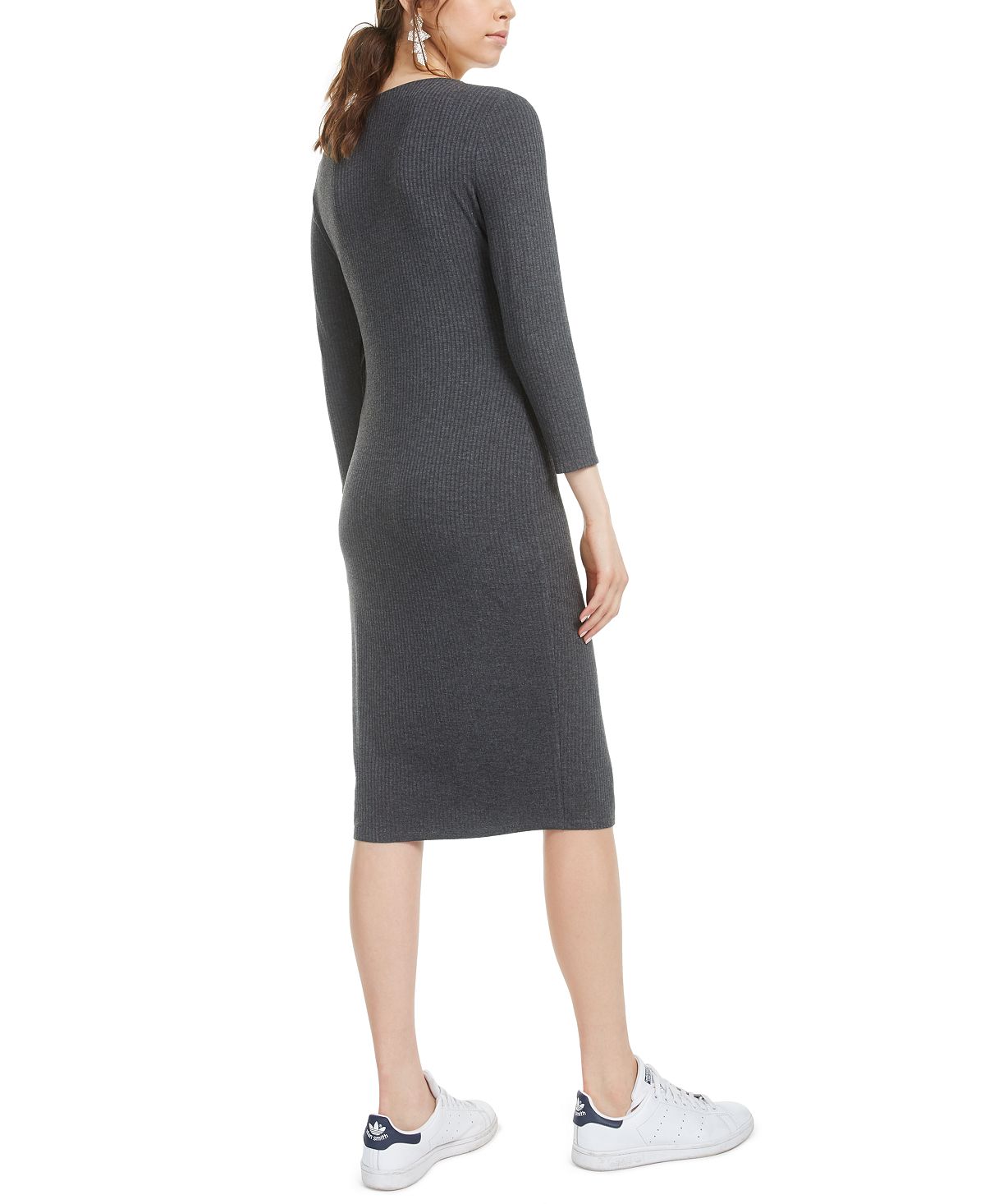 Bar III Women's Lace up Grommet Neck Ribbed Dress Gray Size Small