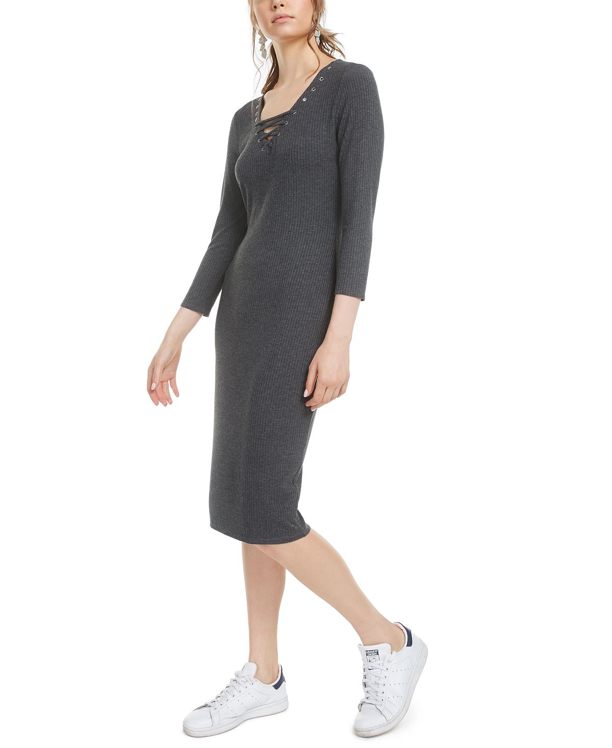Bar III Women's Lace up Grommet Neck Ribbed Dress Gray Size Small