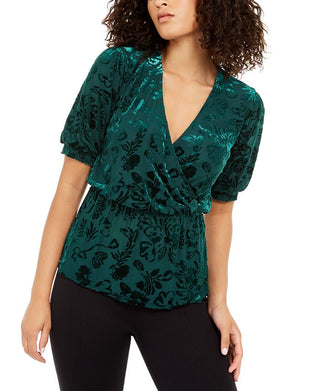 Alfani Women's Velvet Burnout Wrap Top Green Size M