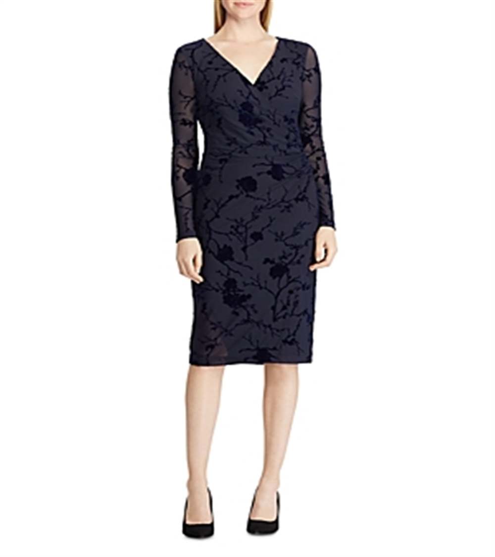 Ralph Lauren Women's Torelana Velvet Burnout MIDI Dress Navy Size 8