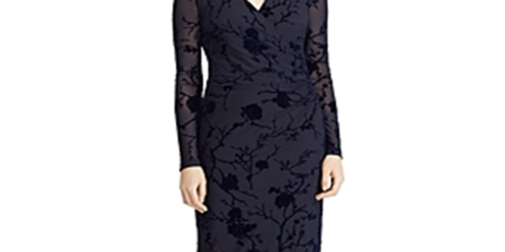 Ralph Lauren Women's Torelana Velvet Burnout MIDI Dress Navy Size 8