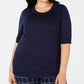 Charter Club Women's Ribbed Trim Short Sleeves Crewneck Sweater Blue Size 1X