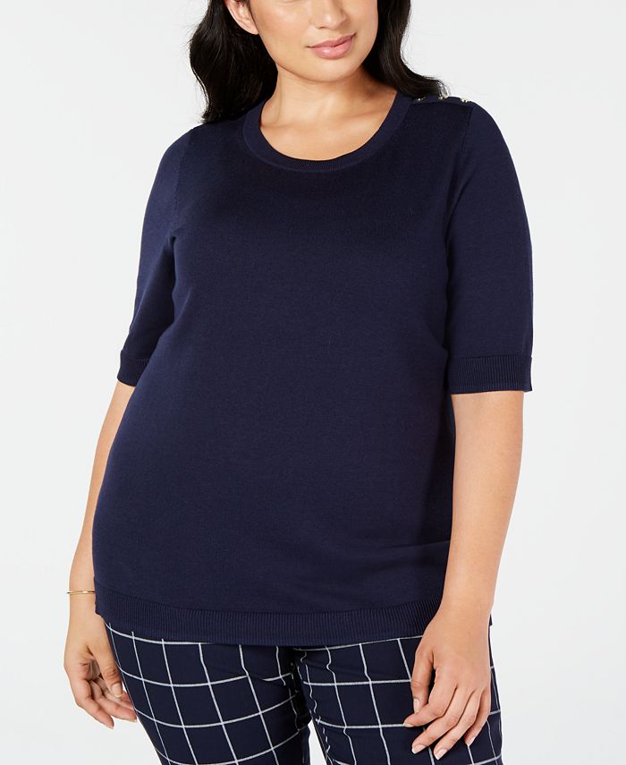 Charter Club Women's Ribbed Trim Short Sleeves Crewneck Sweater Blue Size 1X