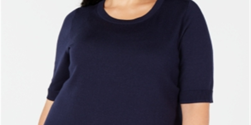Charter Club Women's Ribbed Trim Short Sleeves Crewneck Sweater Blue Size 1X