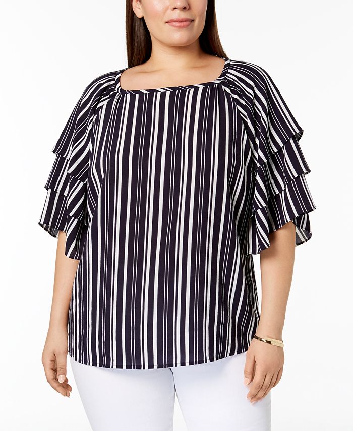 Charter Club Women's Striped Tiered Sleeve Top Blue Size 4X